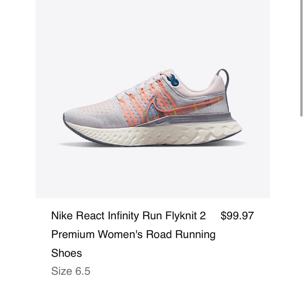 Nike React Infinity Run Flyknit 2 size 6.5 in pink foam/multicolor